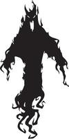 Spooky black silhouette of a scary ghost floating in the air with flames surrounding its body, creating a creepy and eerie atmosphere, perfect for halloween projects vector