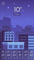 Mobile weather application displaying a clear night sky over a city skyline, providing current temperature and a weekly weather forecast with varying conditions vector