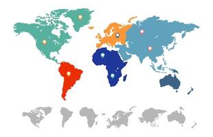 Colorful world map showing continents with location pins, emphasizing global connections and providing a visual representation of different regions vector