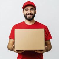 Smiling delivery man in red uniform holds a brown cardboard box against a white background photo