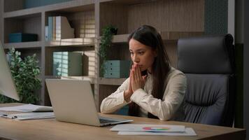 Caucasian business woman working on laptop feel stressed about system virus shocked girl businesswoman computer failure trouble important data loss outraged with website mistake malware loosing error photo