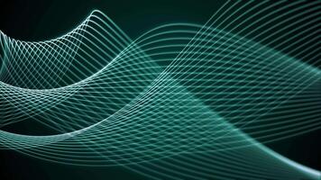 Looped elegant screensaver with curvy strings smoothly floating on a dark turquoise background. Digital lines animation for computer technology, music stage show and art performance. VJ loop, 4K 60fps video