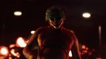 Scary clown pulling chainsaw string at night with fire in background video