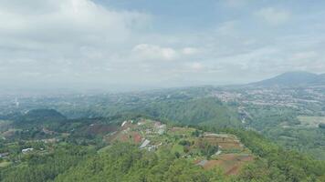 Aerial view of rice field, vegetable plantation, and rural area in Dago near Lembang Fault, Bandung, West Java Indonesia revealing Bandung urban cityscape and Manglayang in panning rotation video