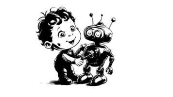 Animation forms a sketch of an icon of a person playing a toy robot video