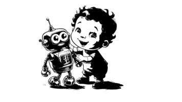 Animation forms a sketch of an icon of a person playing a toy robot video