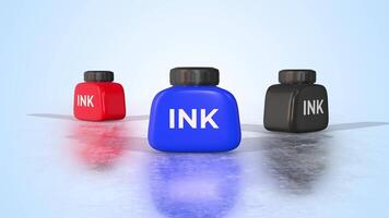 Different Colors of Ink Bottles on a Reflective Floor. Ink Bottle 3D. 4K video
