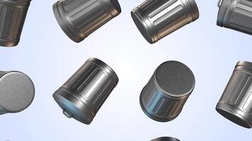 Metal Trash Cans Falling on a Light Background. Trash Can with Handle 3D. 4K video