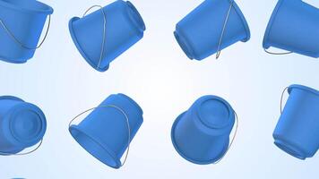 Plastic Buckets Falling on a Light Background. Blue Color Buckets 3D Animation. 4K video