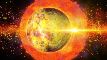 The satellite planet orbits a fiery planet in waves of seething magma, surrounded by billions of particles. A unique spectacle, with a mesmerizing scale and majestic effect. video