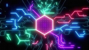 Abstract neon digital circuit artificial intelligence electronic board cyber technology background. video