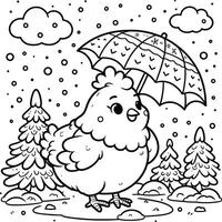 A coloring page with a chicken under an umbrella vector