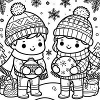 A coloring page with two children in winter clothes vector
