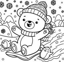 A coloring page with a teddy bear on a sled vector