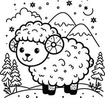 A sheep in the snow coloring page vector