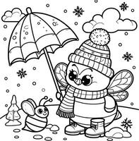 A coloring page with a cartoon bee and a bird vector