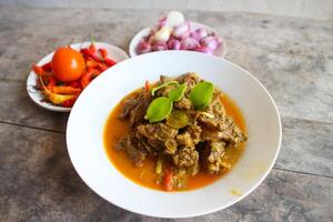 Daging Bumbu Bali, Spicy Beef, is a famous delicious dish from Indonesia. The beef is diced and cooked with spicy and fragrant Balinese spices. served on a white plate. for the menu book. photo