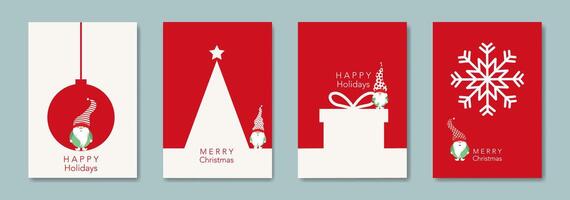 Set Christmas card in modern minimalist geometric style and Scandinavian nordic gnome, elf. Elements for calendar, greetings cards or Happy New Year themed winter holiday invitations background vector