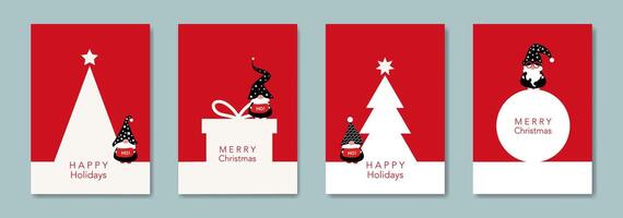 Set Christmas card in modern minimalist geometric style and Scandinavian nordic gnome, elf. Elements for calendar, greetings cards or Happy New Year themed winter holiday invitations red background vector
