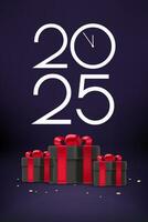 Happy new 2025 year greeting card. Composition with digits and gift boxes. 3d vector