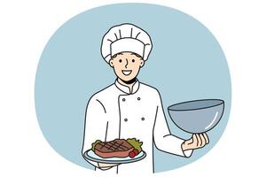 Man chef holds tray with beef steak and vegetables, inviting you to visit restaurant vector