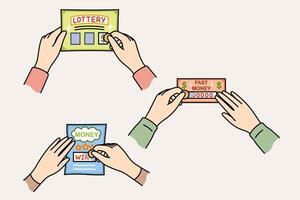 Lottery tickets in hands of gambling people who erase protective layer to find out winning amount vector