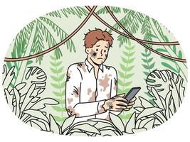 Dirty lost man office employee holding mobile phone and standing in jungle trying to send sos signal vector