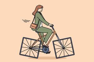 Stupid businesswoman has problems with productivity and efficiency, rides bicycle with square wheels vector
