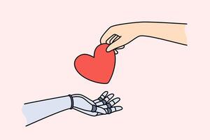 Collaboration of man and artificial intelligence is demonstrated by hands exchanging heart vector