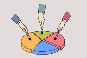 Market segmentation and distribution of parts of diagram between businessmen dividing pie vector