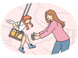 Mom takes daughter on swing in park and enjoys relaxing with child in fresh air. vector