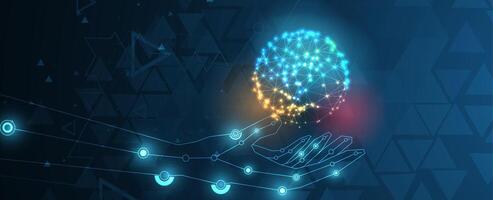 A hand holding a glowing sphere with a network of dots vector