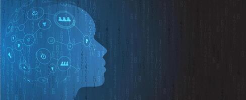 The head of a person is surrounded by a network of icons vector