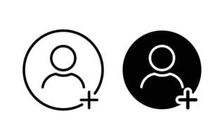 Add user icon set. Person profile avatar with plus, add account symbol. Flat set in black and white color vector