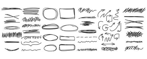 Grunge scrawls, charcoal scribbles, rough brush strokes, underlines, circles. Bold charcoal freehand stripes, ink shapes, arrows, marks. Crayon or marker scribbles vector