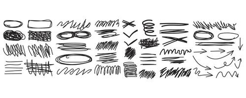 Grunge scrawls, charcoal scribbles, rough brush strokes, underlines, circles. Bold charcoal freehand stripes, ink shapes, arrows, marks. Crayon or marker scribbles. vector