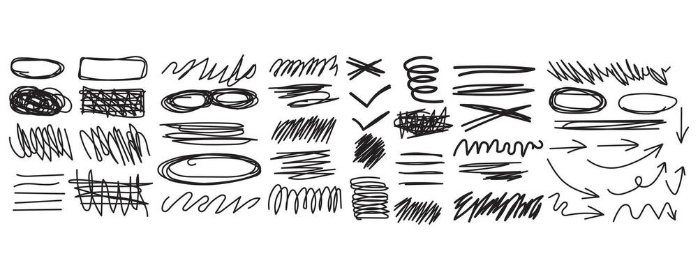 Grunge scrawls, charcoal scribbles, rough brush strokes, underlines, circles. Bold charcoal freehand stripes, ink shapes, arrows, marks. Crayon or marker scribbles.