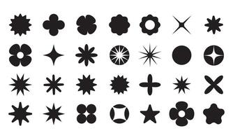 Abstract shape elements. Y2k rave cyber brutalist geometric kit. Retro Swiss style graphic star icons, bold forms, signs, sparks and flowers. Bauhaus set of colorful shapes on white background vector