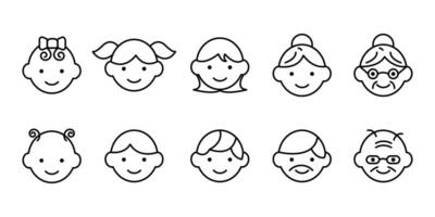 set of different age groups of people icon from baby to elder. Maturing icons set. Linear style.. vector