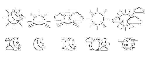 weather rising or cloud sun setting icons set. Weather forecast sign symbols meteorology, Bundle of day and night time pictograms drawn with black contour lines on white background. vector