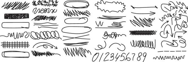Set of Grungy Black Graphic Elements. Hand drawn Pencil or Marker underlines and strikethrough, scribble emphasis lines, circles, ovals and crosses. All Elements are grouped and isolated white, vector