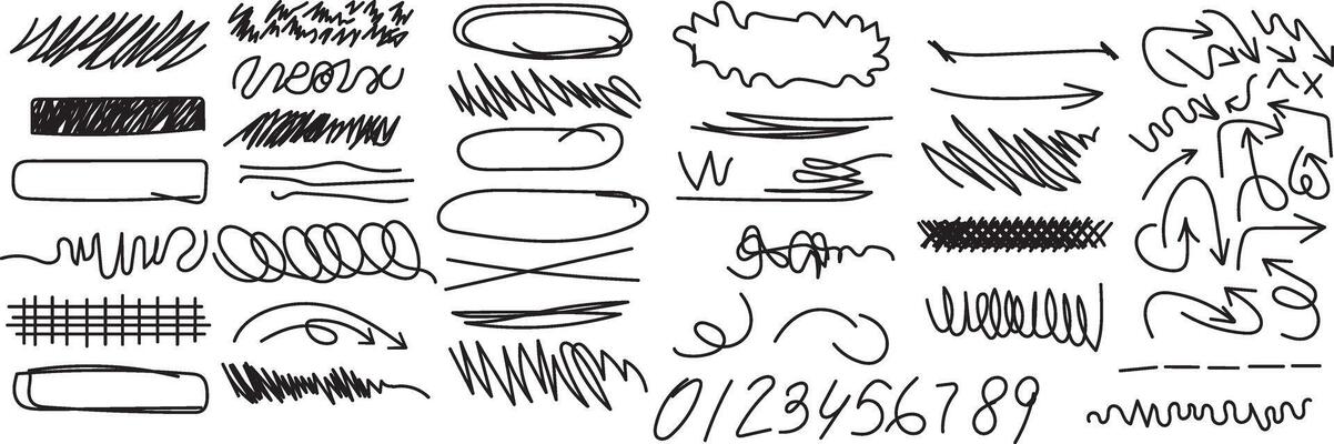 Set of Grungy Black Graphic Elements. Hand drawn Pencil or Marker underlines and strikethrough, scribble emphasis lines, circles, ovals and crosses. All Elements are grouped and isolated white,
