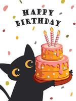 A cartoon black cat holds a colorful cake with candles in its paws on a white background. vector