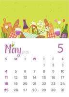 Charming May 2025 Calendar with Floral Picnic Theme and Spring Vibes vector