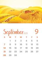 Charming September 2025 Calendar with Farm Fields Theme and Rustic Vibes vector