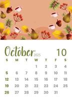 Cozy October 2025 Calendar with Tea Leaves and Nuts Theme for Autumn Comfort vector