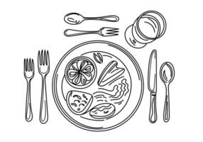 line art of a Dining Plate and Cutlery Set isolate white background vector