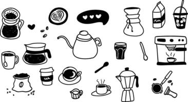 Set of coffee shop elements doodle hand drawn outline sticker black white vector