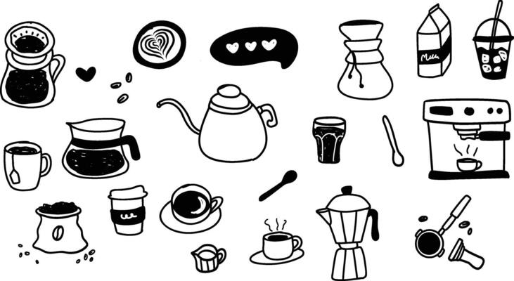 Set of coffee shop elements doodle hand drawn outline sticker black white