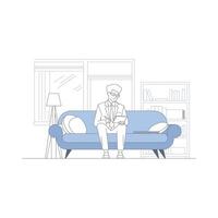 Man relaxing on a sofa with a notebook and pen vector